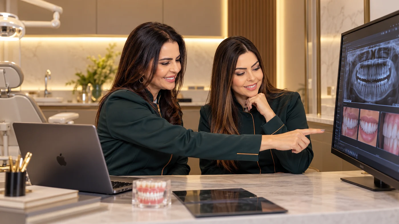 Composição conceitual de Dra. Simone Alberton e Dra. Victória Alberton analisando imagens odontológicas em um computador