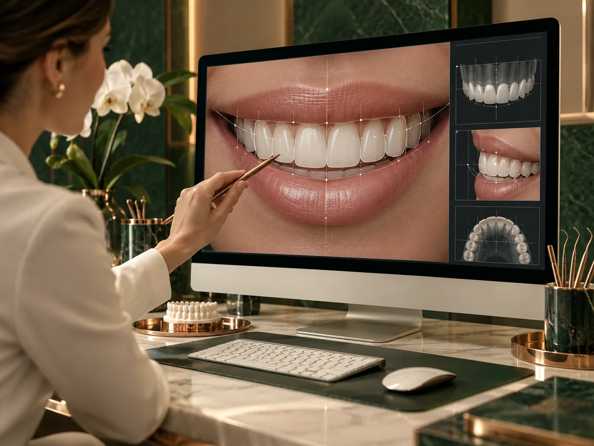 Ilustração conceitual de planejamento digital do sorriso em monitor