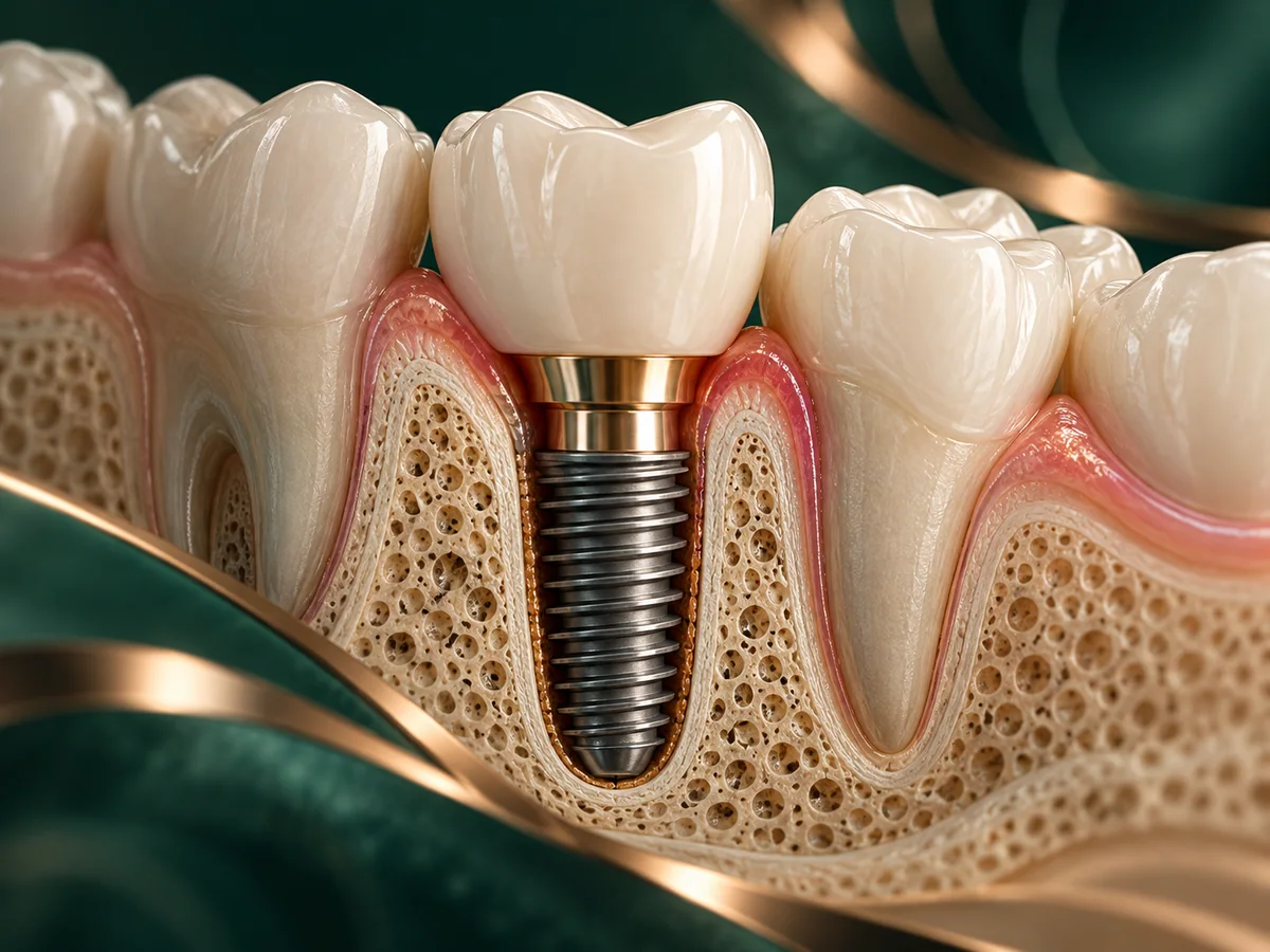 Ilustração conceitual de implante dentário em corte anatômico
