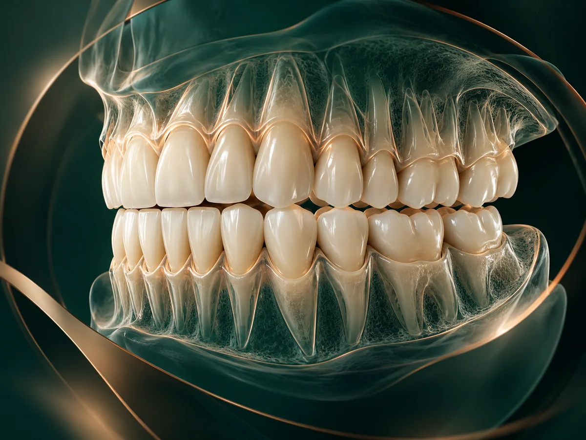Ilustração conceitual de arcadas dentárias e encaixe oclusal